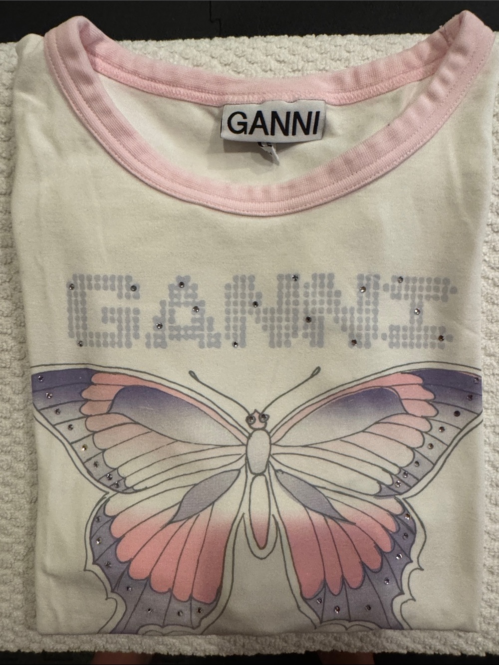 Ganni White Tee with Pink & Purple Butterfly Graphic